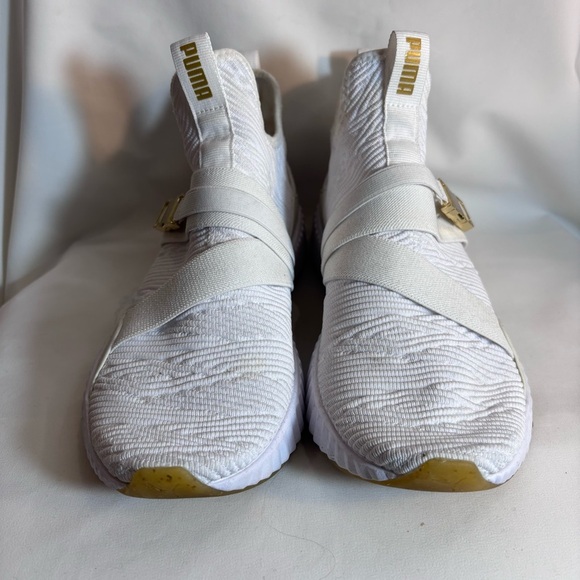 PUMA Sz 9.5 High Top White Textured Sneakers with Rise Gold Buckle Rubber Sole - Picture 2 of 13